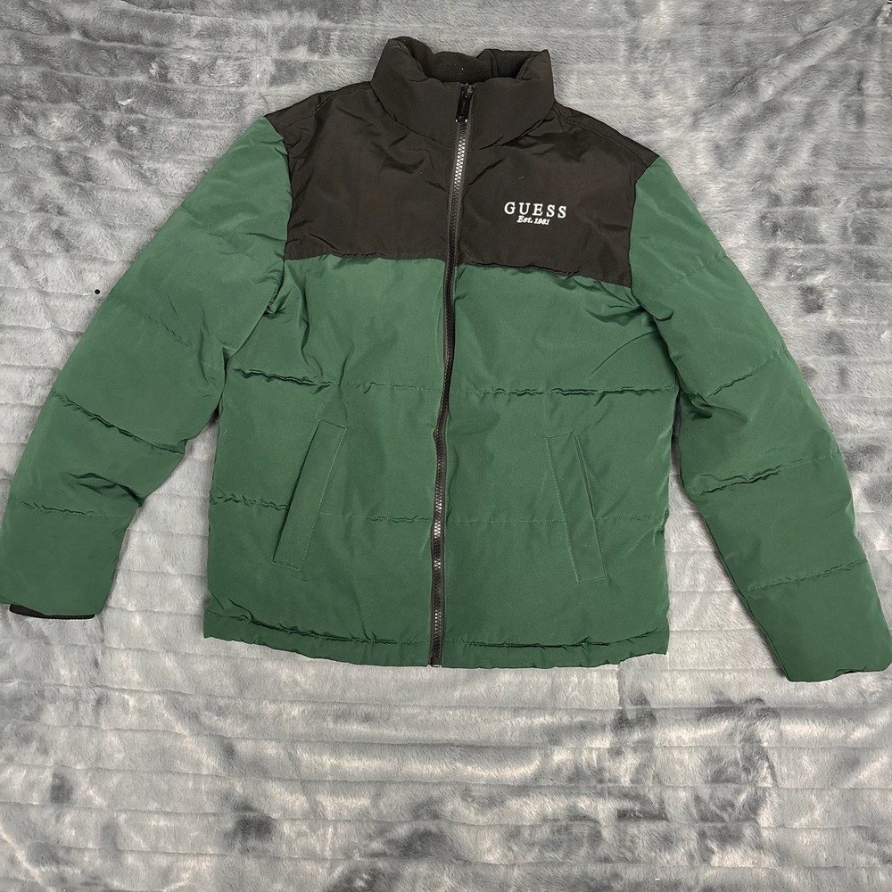 Guess Est. 1981 Mens Puffer Jacket Green Black Colorblock Insulated Small